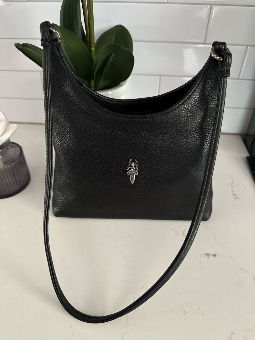 Chrome Hearts Dagger Black Pebbled Leather Shoulder Bag